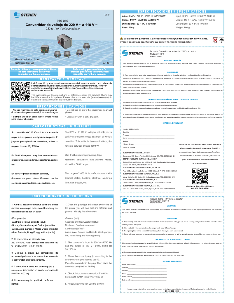 Page 1 de la notice Manuel utilisateur Steren 910-010