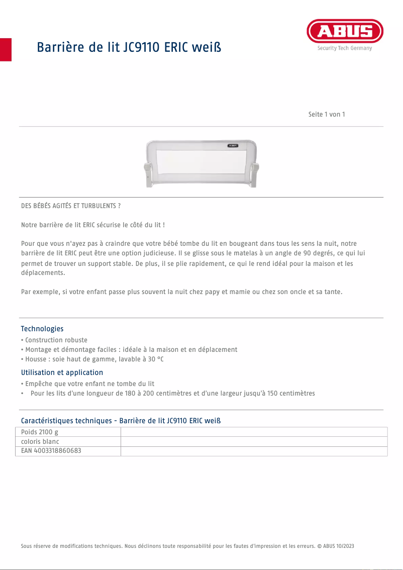 Page 1 de la notice Fiche technique Abus JC9110 ERIC