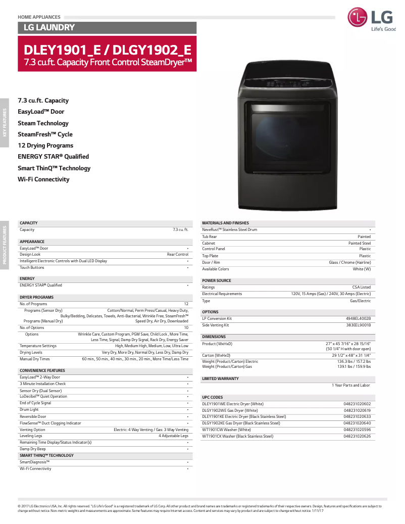 Page 1 de la notice Fiche technique LG DY1902