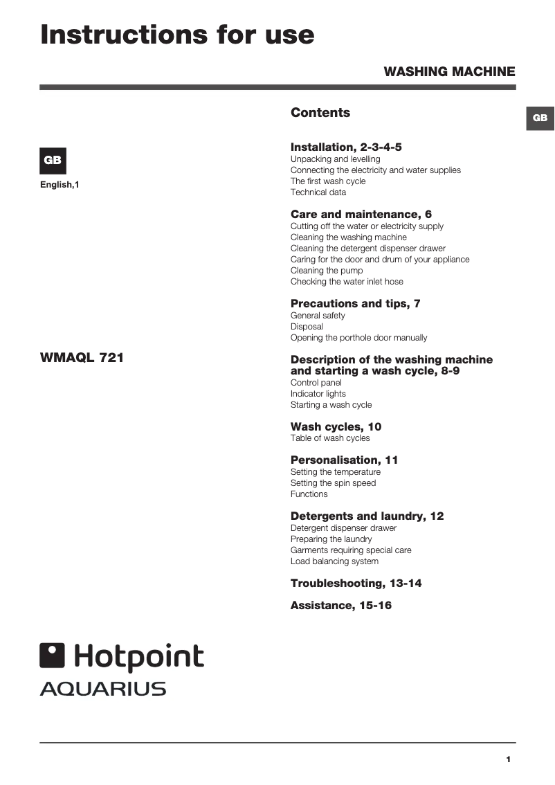 Page 1 de la notice Manuel utilisateur Hotpoint WMAQL 721A UK