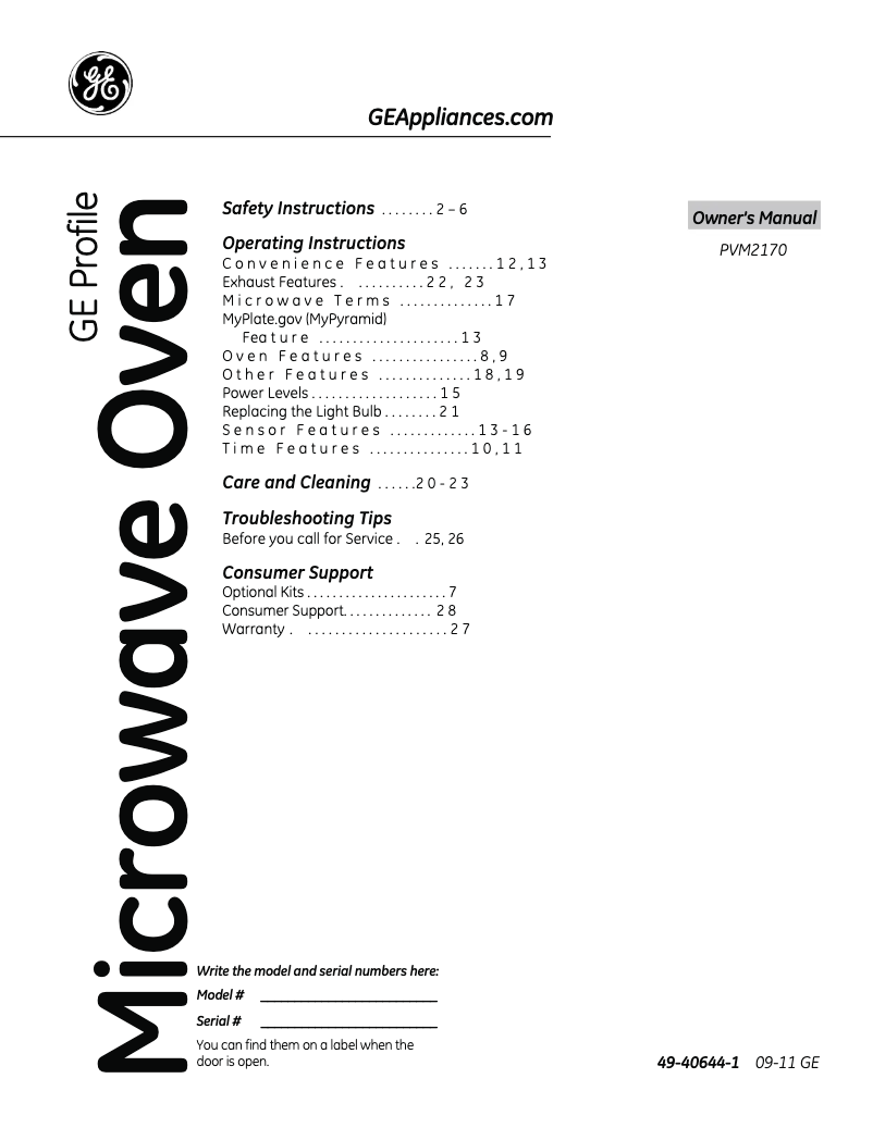 Page 1 de la notice Manuel d'utilisation et d'entretien GE PVM2170SRSS