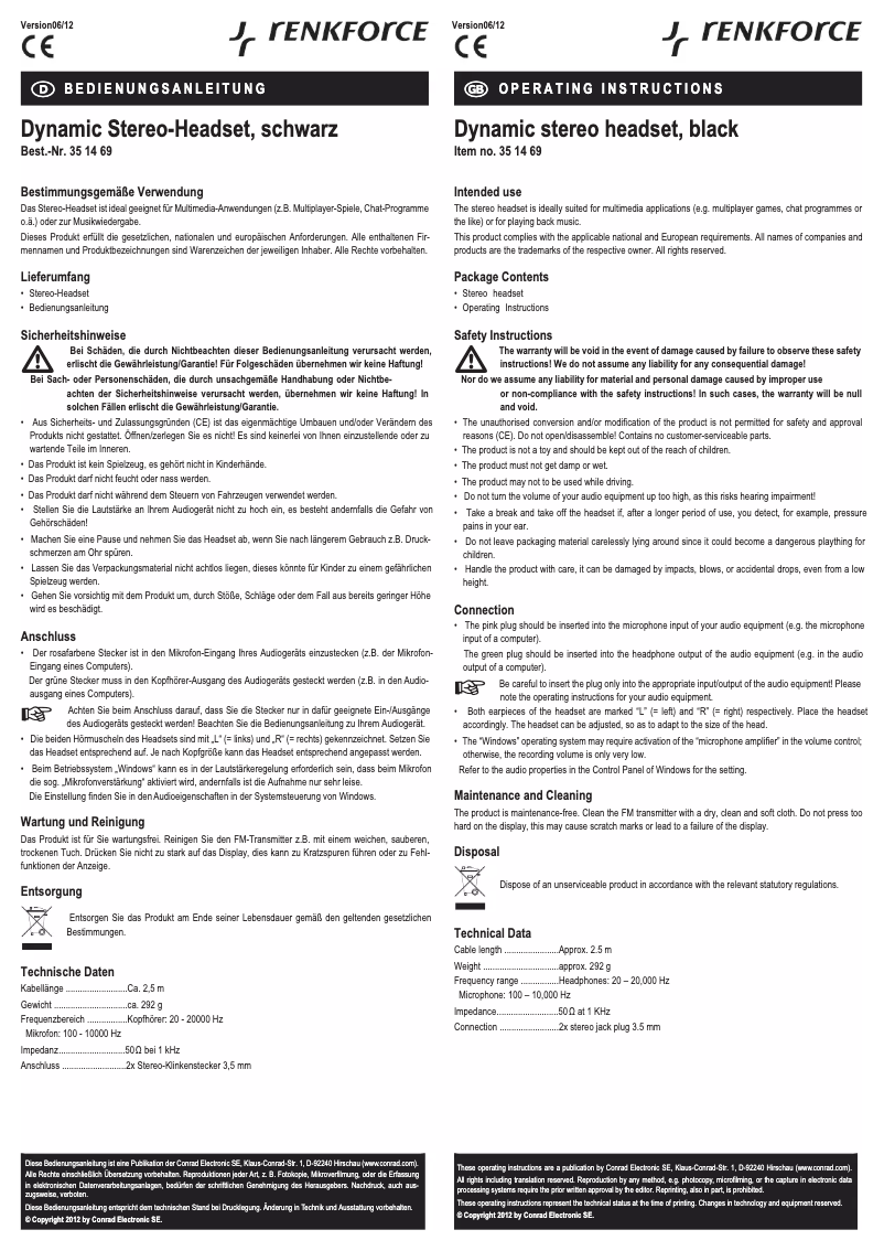 Page 1 de la notice Manuel utilisateur Renkforce PH-S 556M