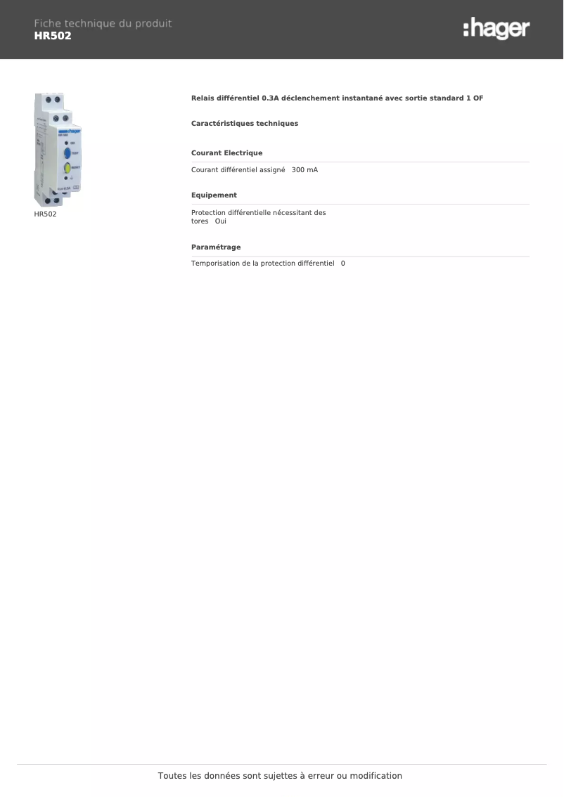 Page 1 de la notice Fiche technique Hager HR502