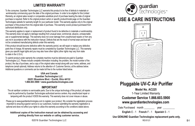 Image de la première page du manuel de l'appareil AC225