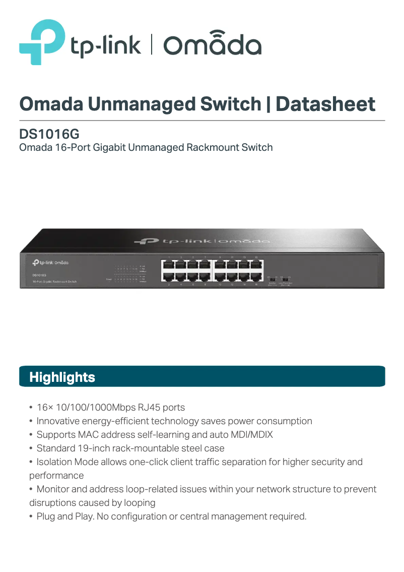 Page 1 de la notice Fiche technique TP-Link Omada DS1016G