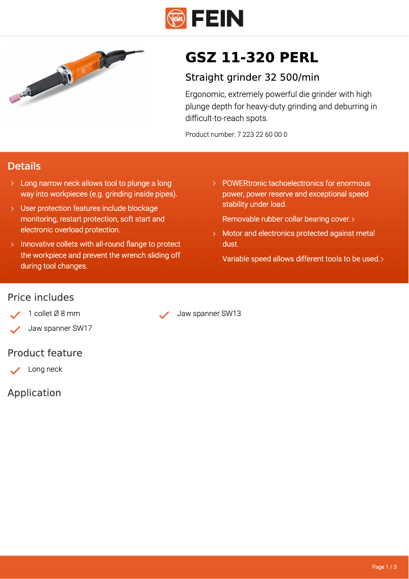 Page n°1 - Fiche technique Fein GSZ 11-320 PERL