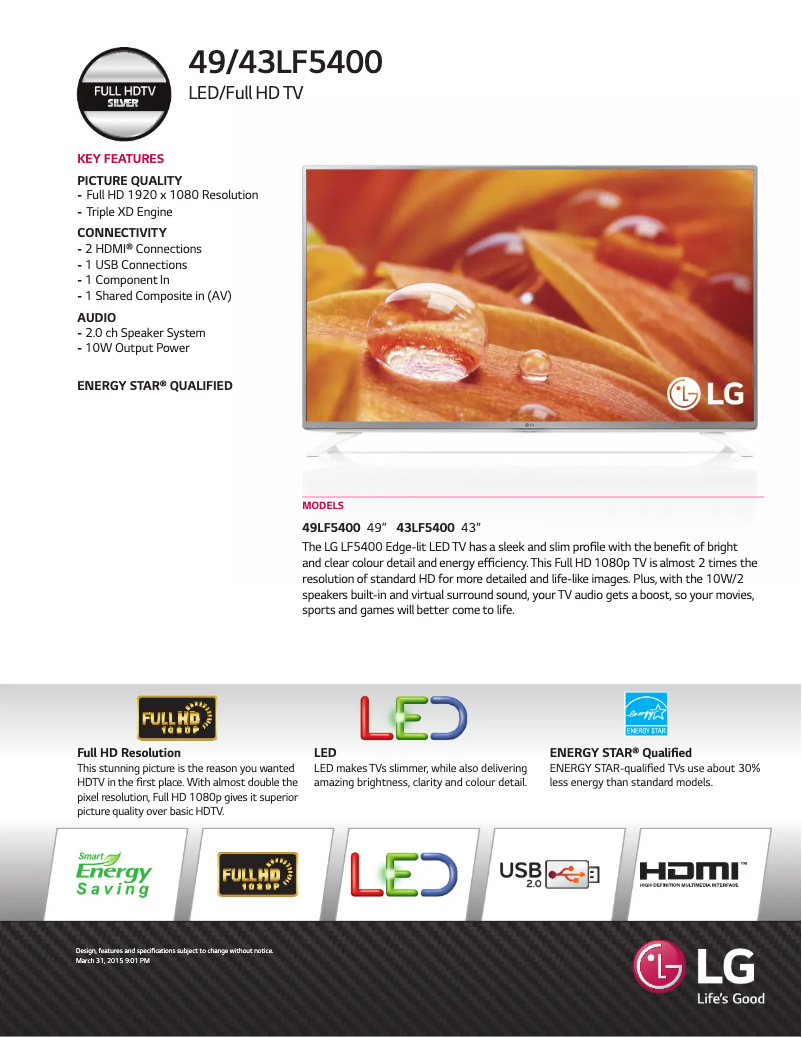 Page 1 de la notice Fiche technique LG 43LF5400