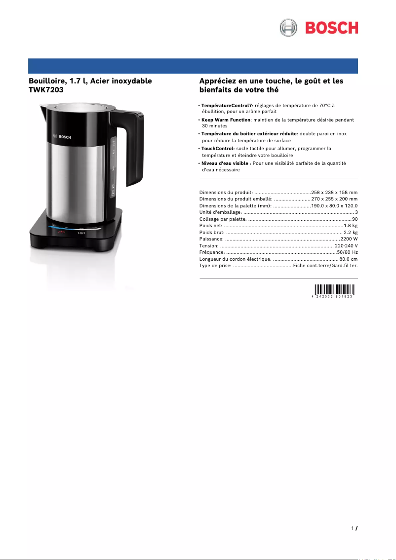 Page 1 de la notice Fiche technique Bosch WK7203