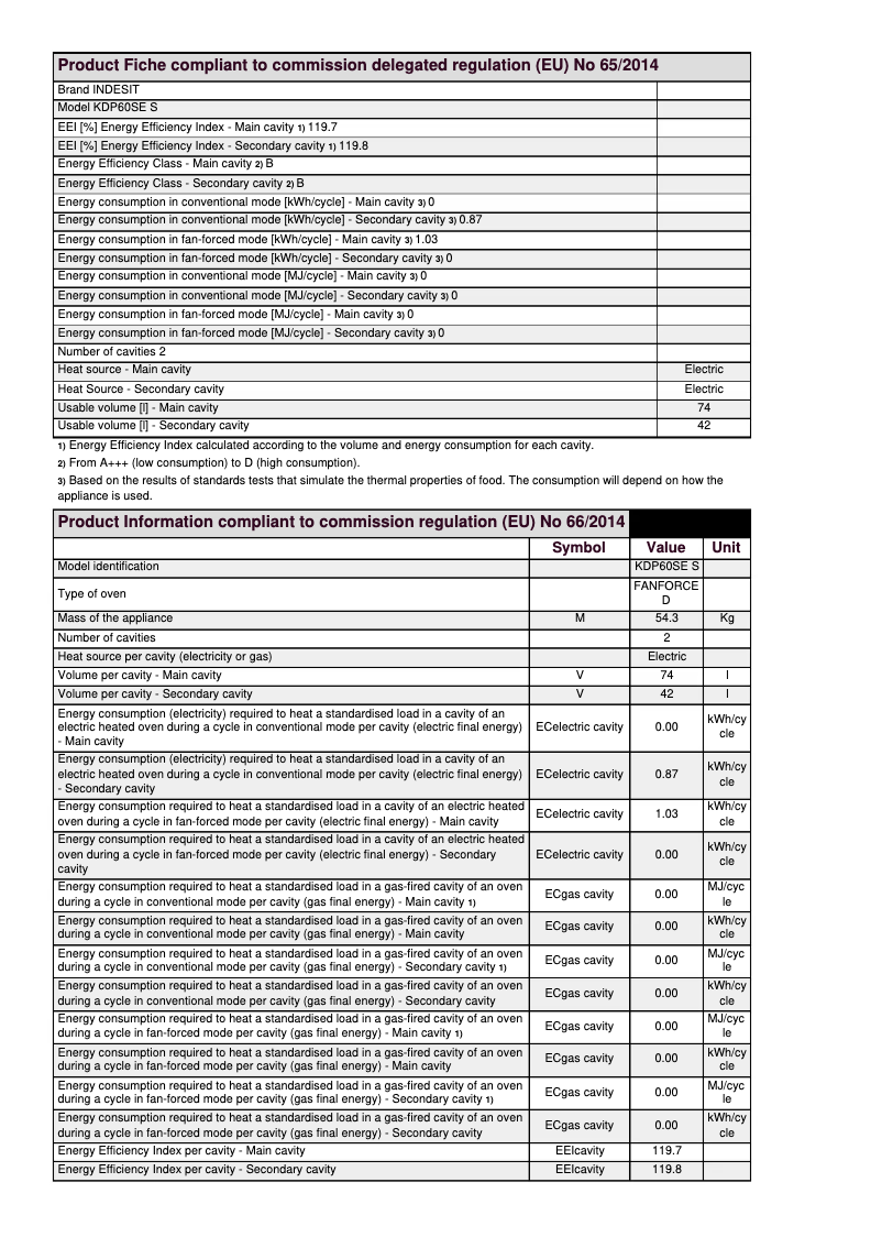 Page n°1 - Fiche technique Indesit KDP60SE S