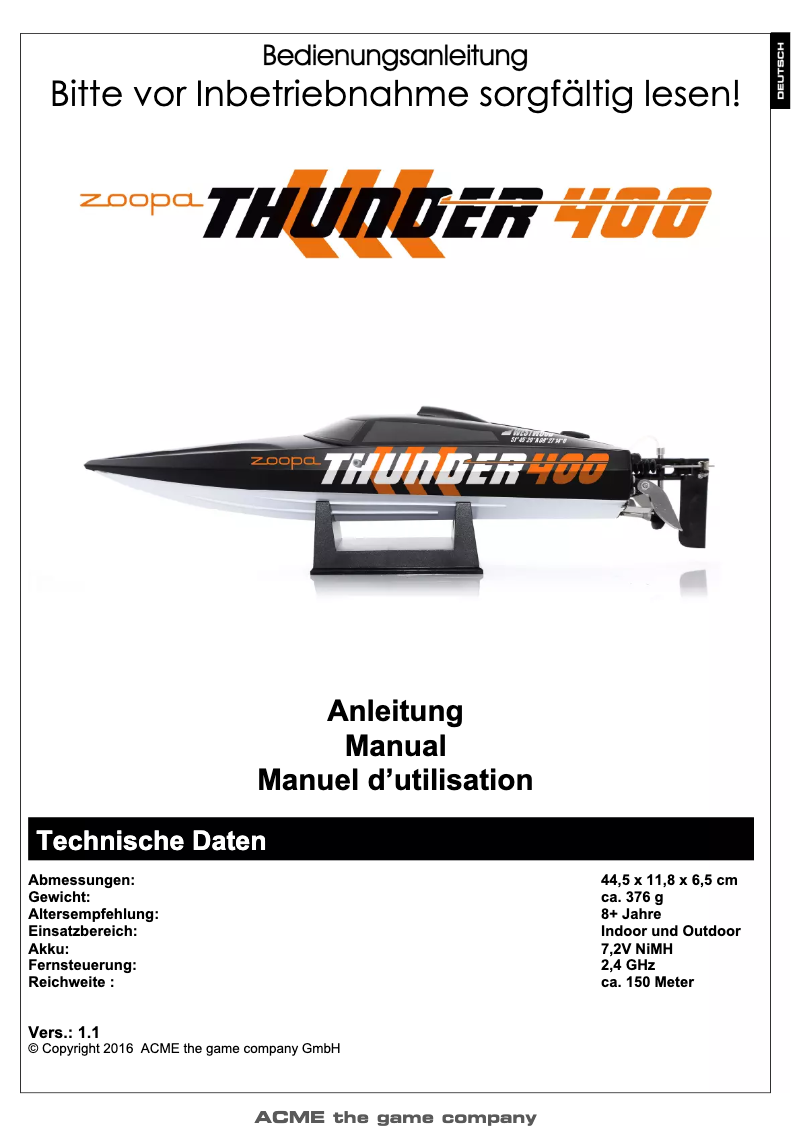 Page 1 de la notice Manuel utilisateur Acme zoopa Thunder 400