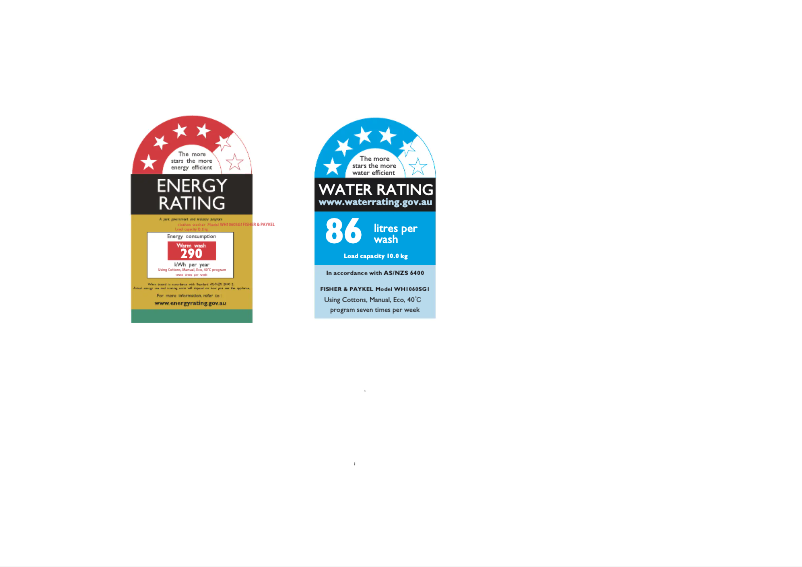 Page 1 de la notice Label énergétique Fisher & Paykel WH1060SG1