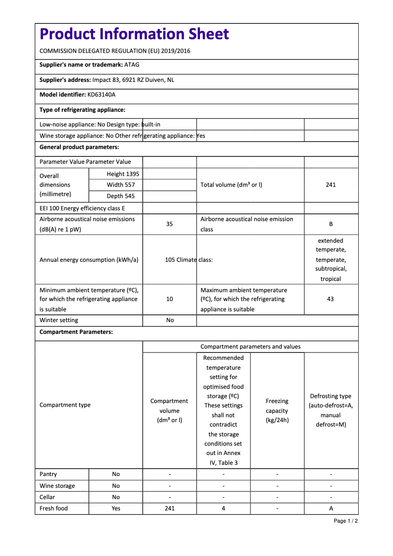 Page 1 de la notice Fiche technique Atag KD63140A