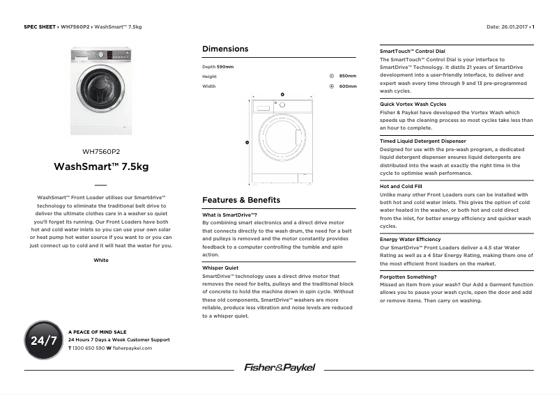 Page n°1 - Fiche technique Fisher & Paykel WH7560P2