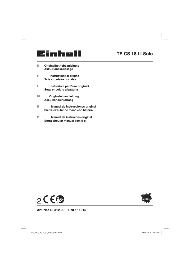 Page 1 de la notice Manuel utilisateur Einhell TE-CS 18 Li-Solo