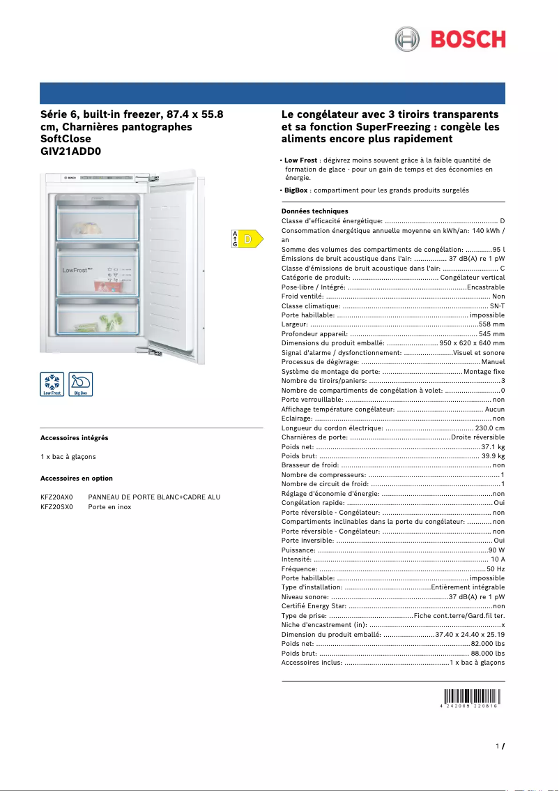 Page 1 de la notice Fiche technique Bosch GIV21ADD0