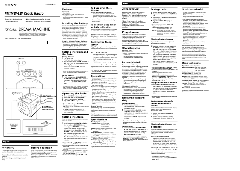 Page 1 de la notice Manuel utilisateur Sony ICF-C160L