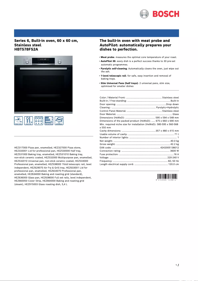 Page 1 de la notice Fiche technique Bosch HBT578FS2A