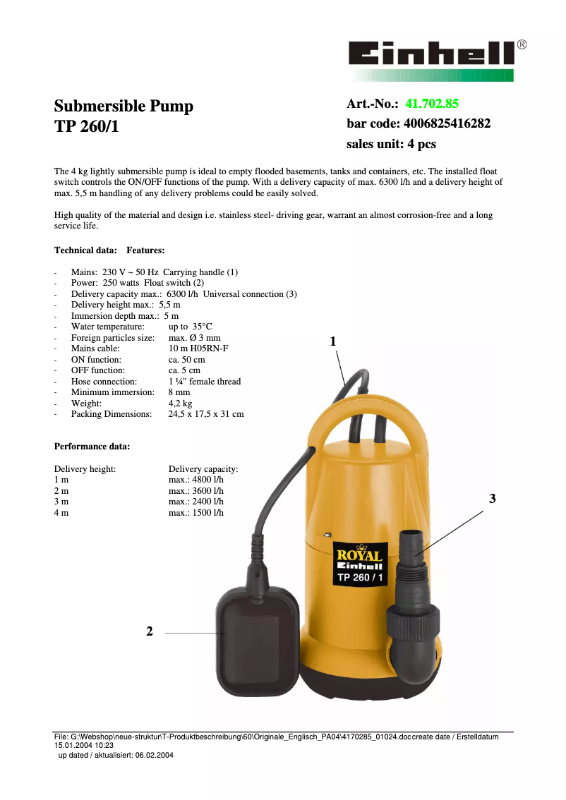 Page 1 de la notice Manuel utilisateur Einhell Royal TP 260/1
