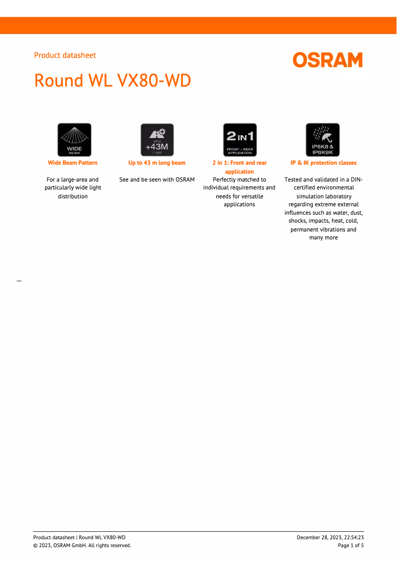 Page 1 de la notice Fiche technique Osram LEDriving Round WL VX80-WD