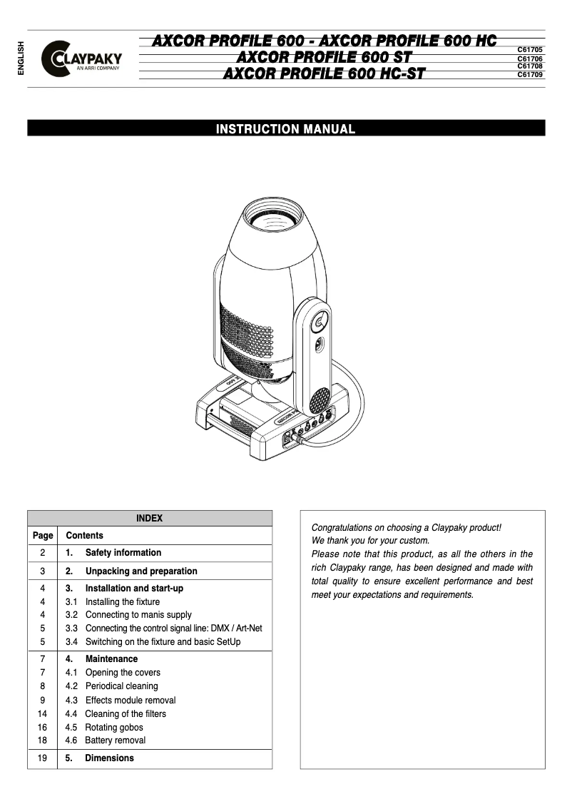 Page n°1 - Manuel utilisateur Claypaky Axcor Profile 600