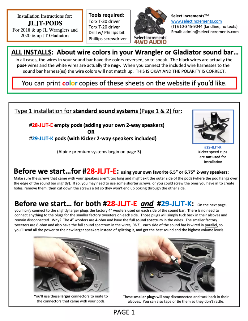 Page n°1 - Manuel utilisateur Select Increments JLJT-Pods