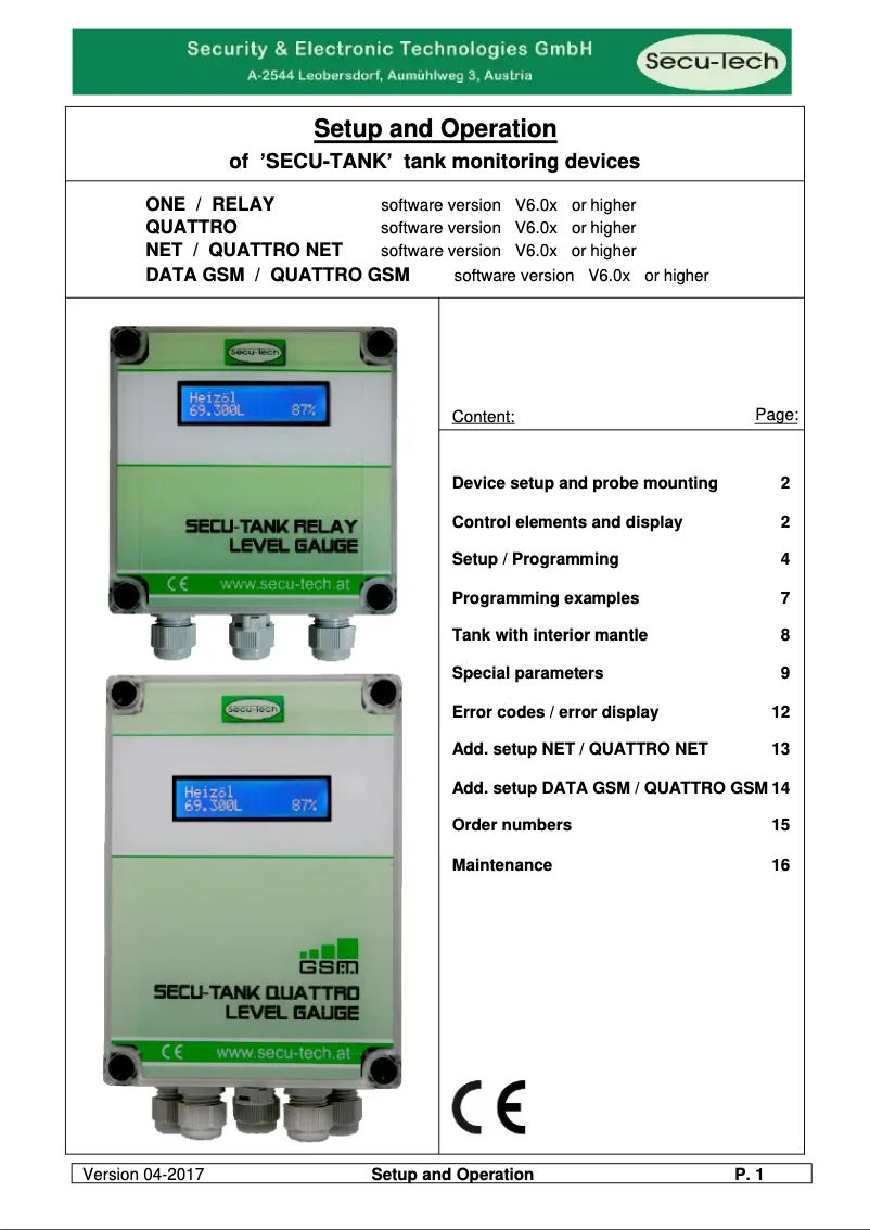 Page n°1 - Manuel utilisateur SecuTech SECU-TANK ONE