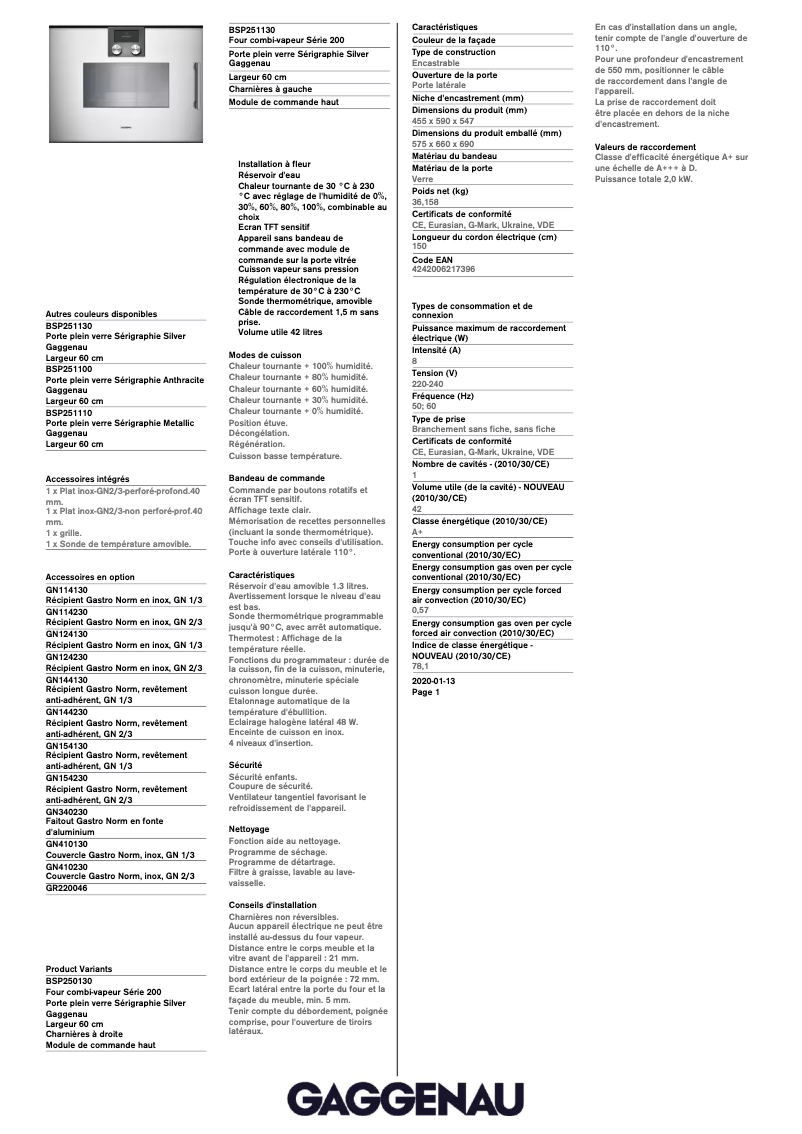 Página 1 del manual Ficha técnica Gaggenau BSP251130