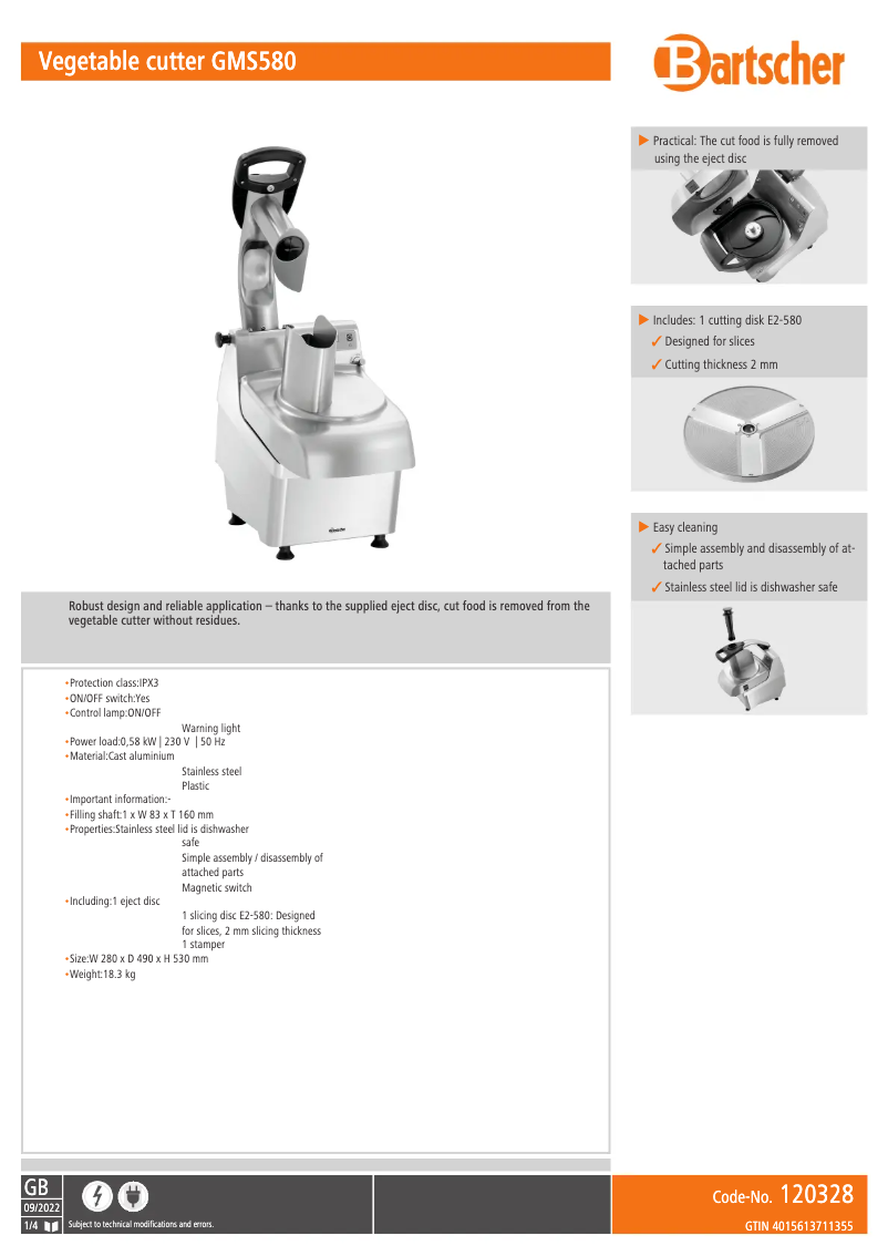 Page 1 de la notice Fiche technique Bartscher GMS580