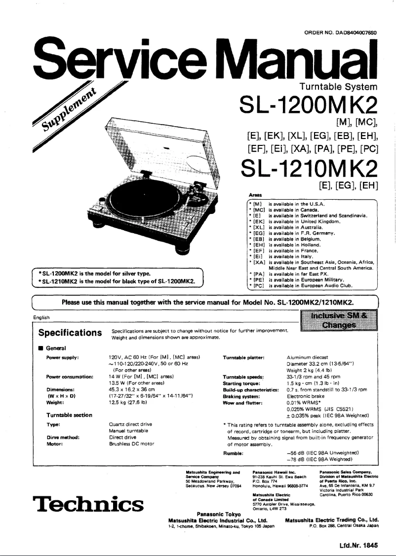 Page 1 de la notice Manuel utilisateur Technics SL-1200MK2