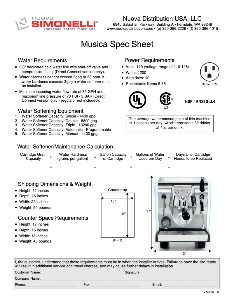 Page 1 de la notice Fiche technique Nuova Simonelli Musica