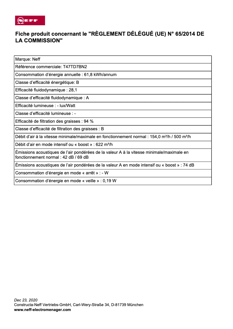 Page n°1 - Label énergétique Neff T47TD7BN2
