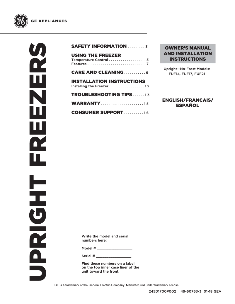 Page n°1 - Manuel utilisateur GE FUF21SMRWW