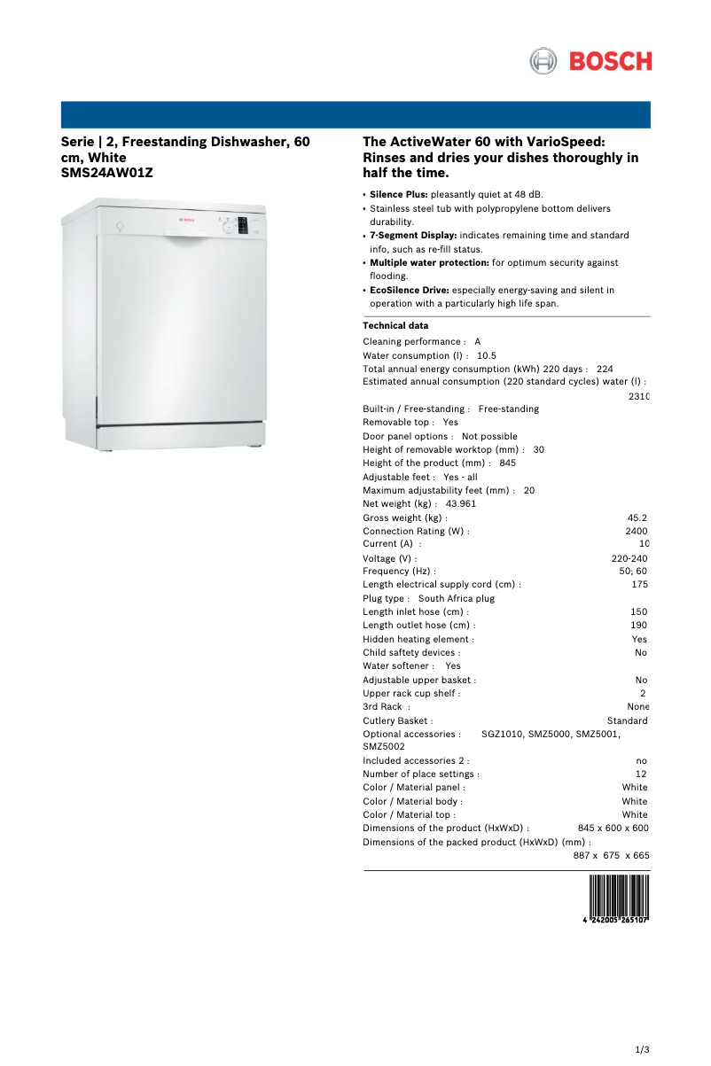 Page n°1 - Fiche technique Bosch SMS24AW01Z