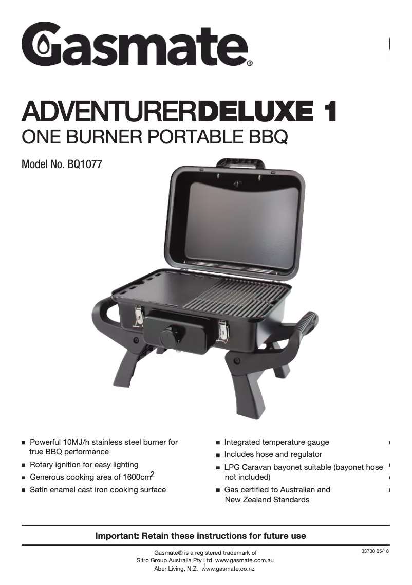 Page n°1 - Manuel utilisateur Gasmate Adventurer Deluxe BQ1078