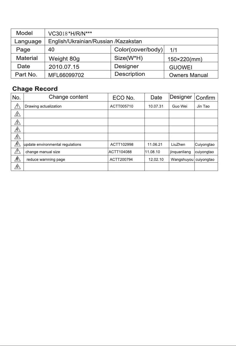 Page n°1 - Manuel utilisateur LG VK71186HC