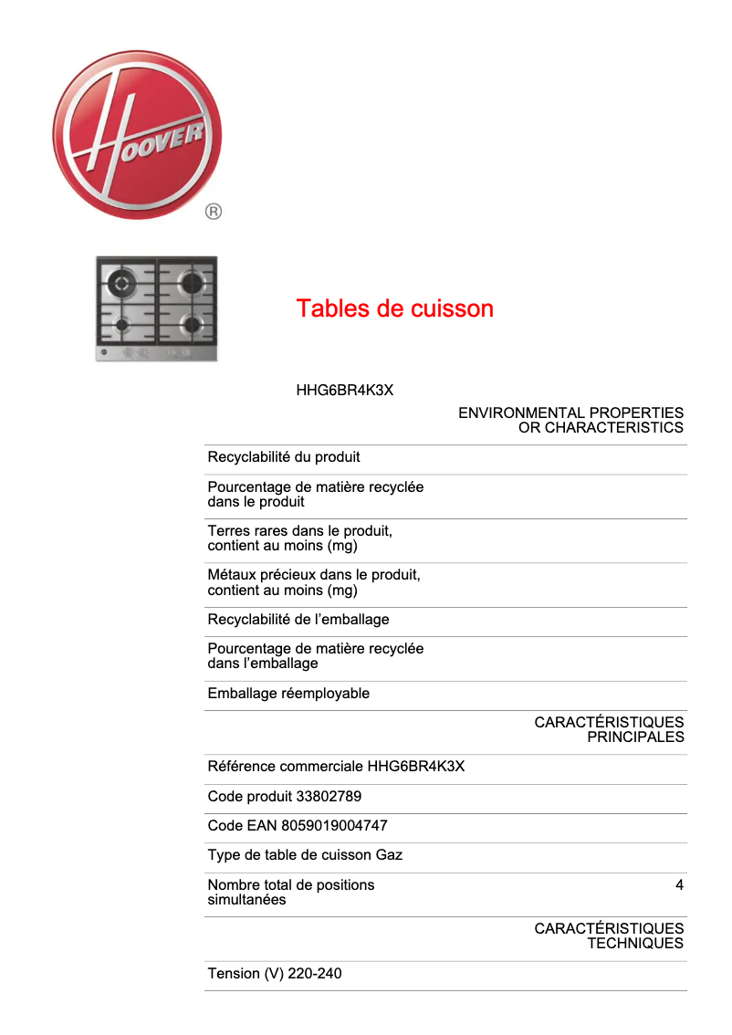 Image de la première page du manuel de l'appareil H-HOB 300 HG6BR4K3X