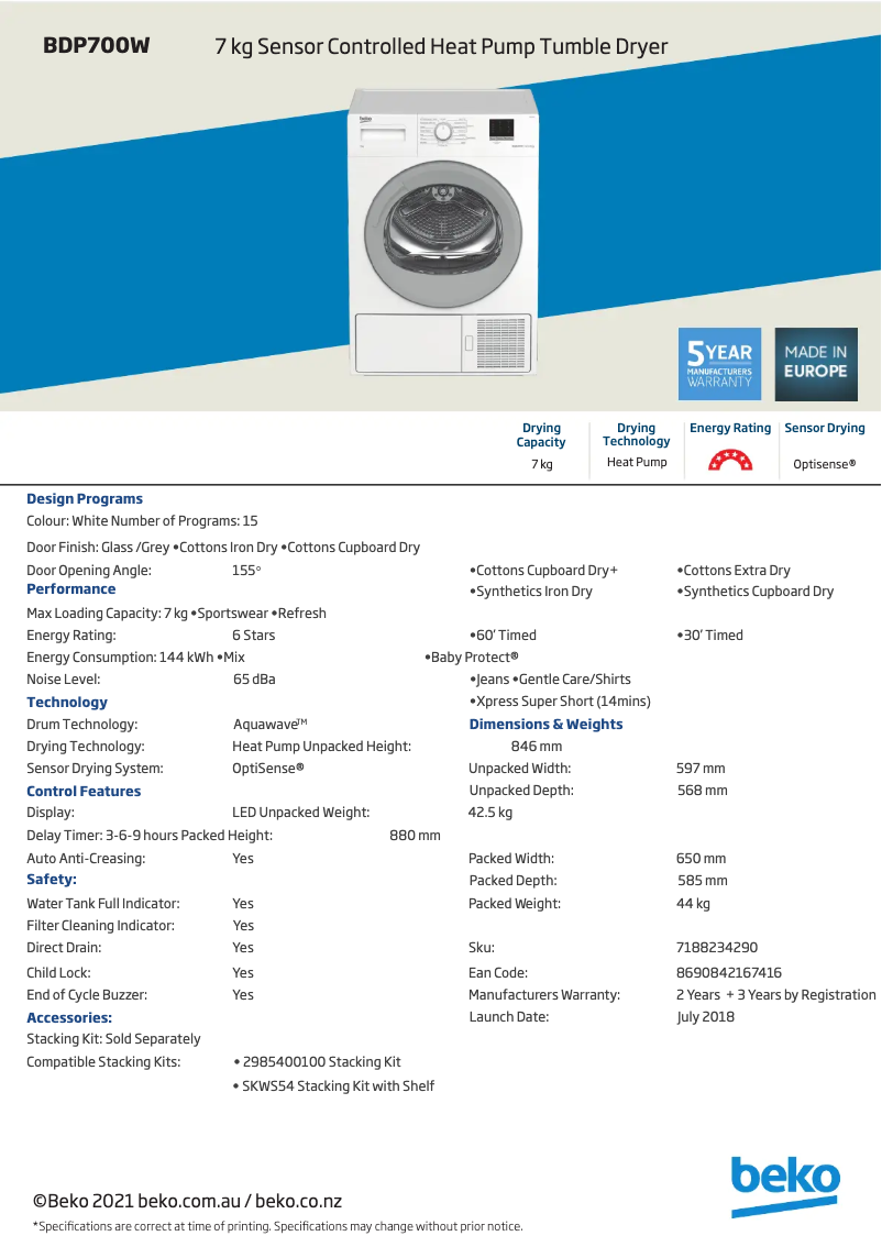 Page 1 de la notice Fiche technique Beko BDP700W