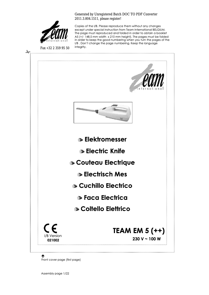 Page 1 de la notice Manuel utilisateur Team EM 5