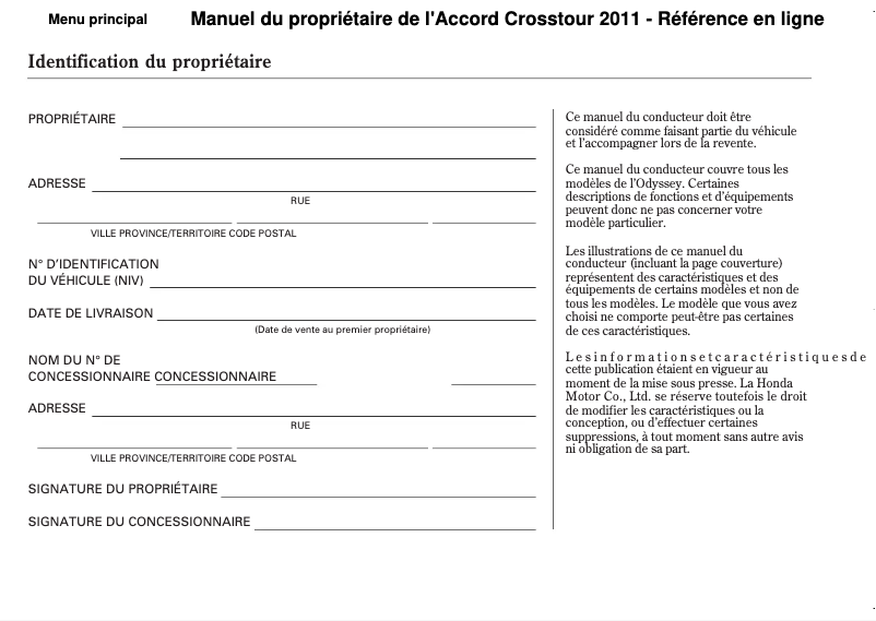 Image de la première page du manuel de l'appareil Accord Crosstour (2011)