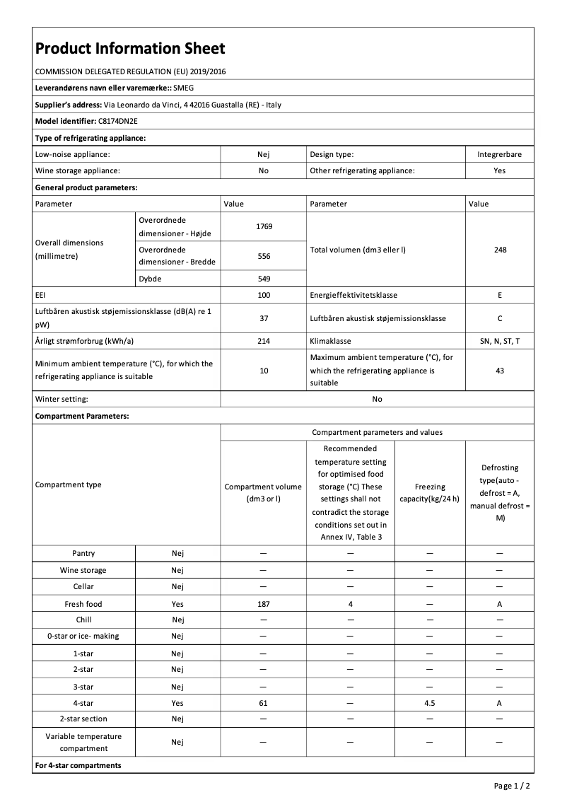 Page n°1 - Fiche technique Smeg C8174DN2E