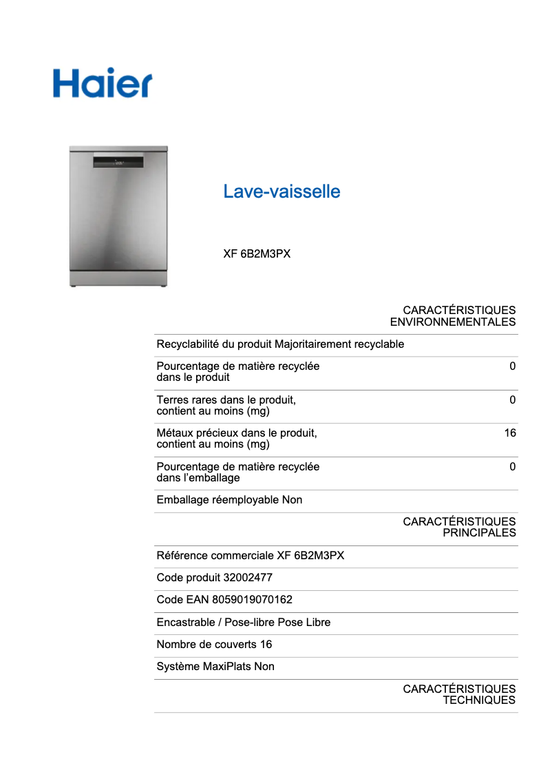 Page 1 de la notice Label énergétique Haier XF 6B2M3PX