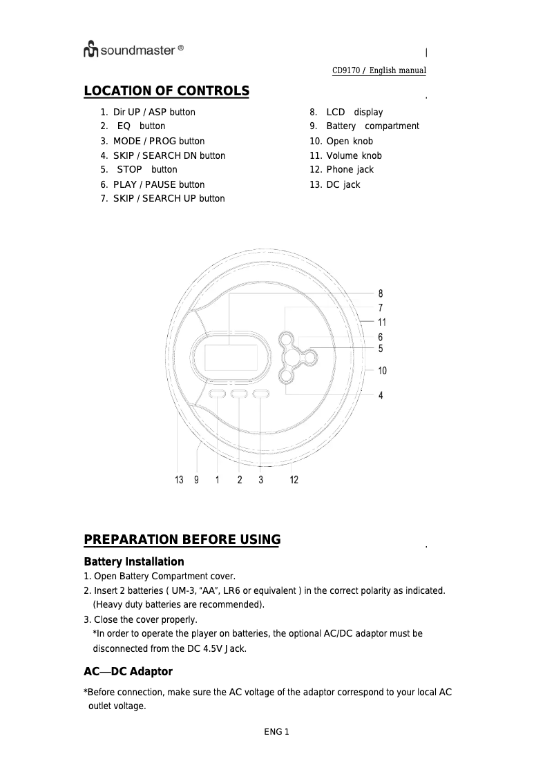 Page 1 de la notice Manuel utilisateur Soundmaster CD9170