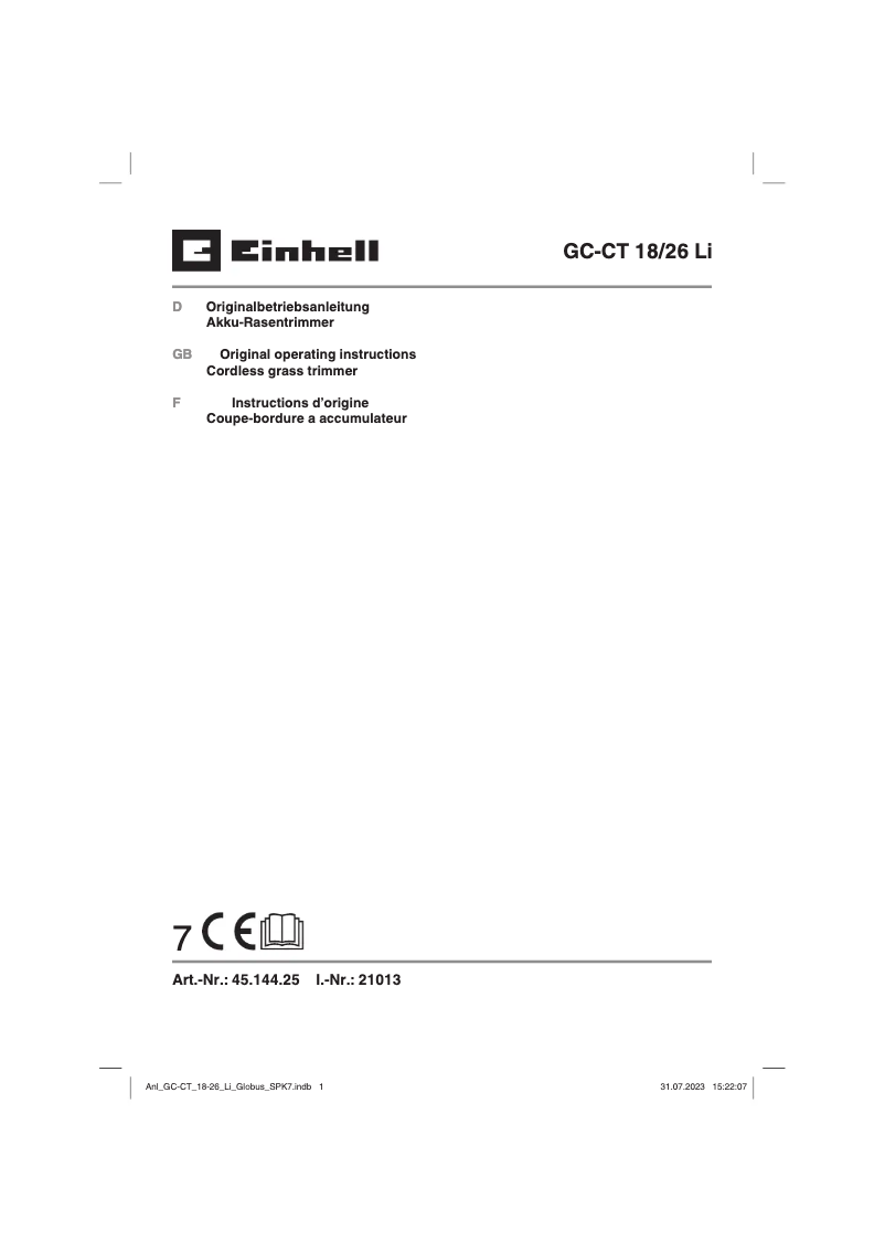 Page n°1 - Manuel utilisateur Einhell GC-CT 18/26 Li