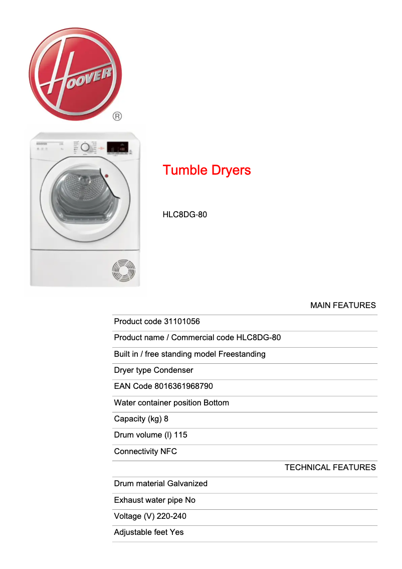 Page n°1 - Fiche technique Hoover HLC8DG-80