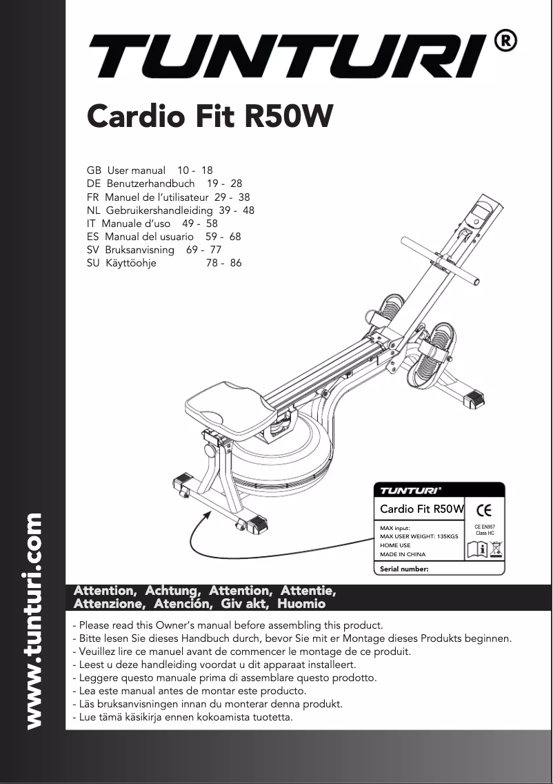Página 1 del manual Manual de usuario Tunturi Cardio Fit R50W