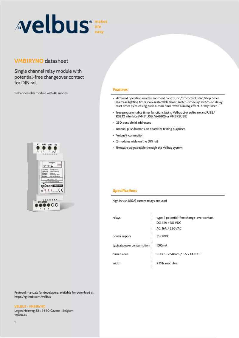 Page n°1 - Fiche technique Velbus VMB1RYNO