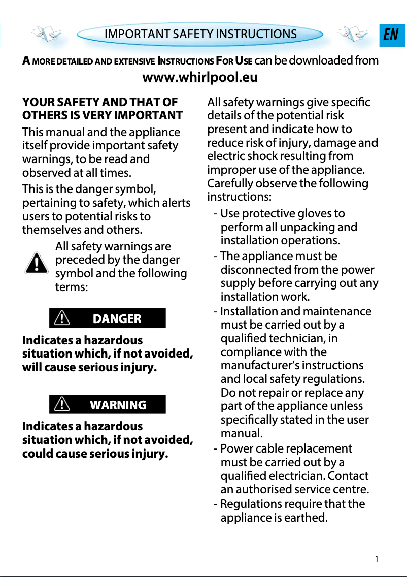 Page n°1 - Instructions / montage Whirlpool AMW 494