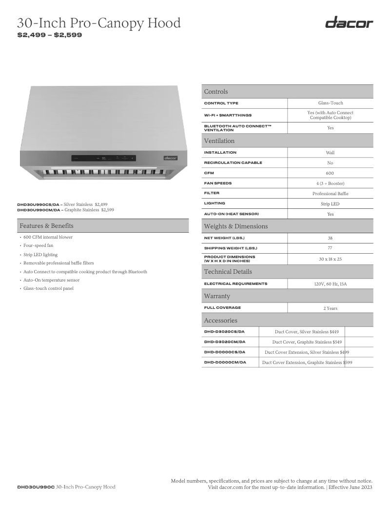 Page n°1 - Fiche technique Dacor DHD30U990CS/DA