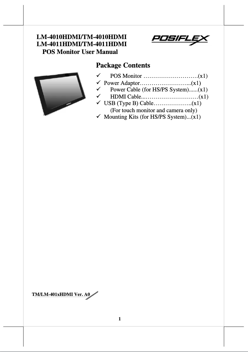 Page n°1 - Manuel utilisateur Posiflex TM-4010HDMI