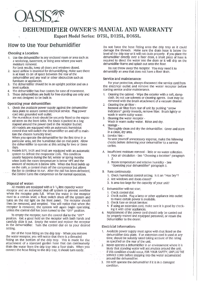 Page 1 de la notice Manuel utilisateur Oasis D165L